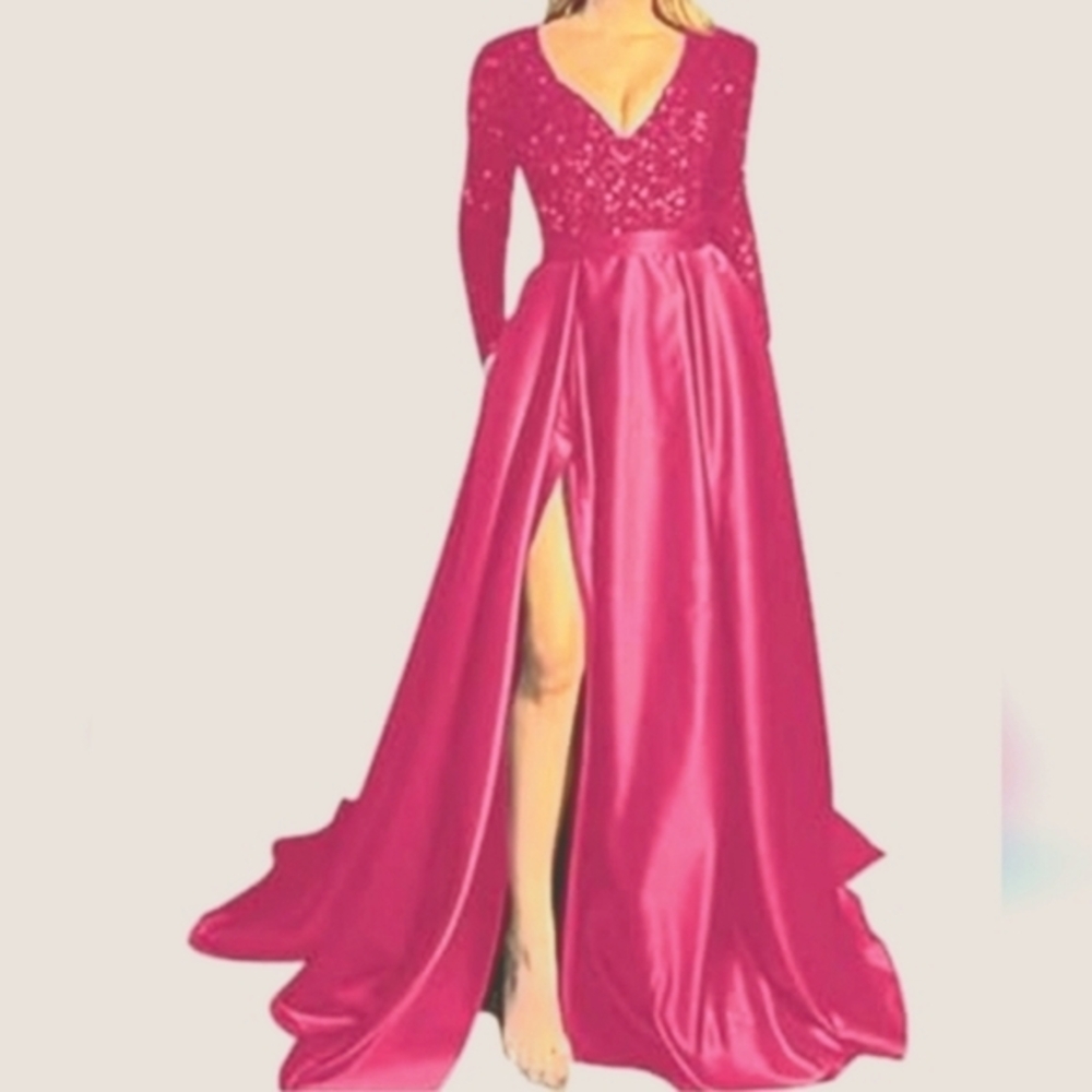 Elegant Pink Satin & Sequin Evening Prom Gown With Pockets